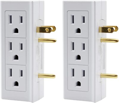 6 Outlet Vertical Extender Wall Tap - Split 2 Outlets Into 6 Grounded - 2 Pack