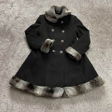 Tailored By Rothscchild Pea Coat Juniors Large Faux Fur Trim Black Double Breast