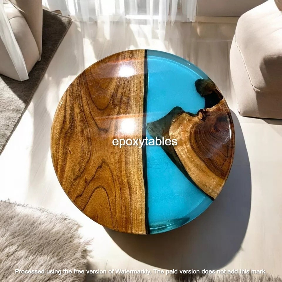 Clear Blue Epoxy Resin Wood Coffee Table for Living Room