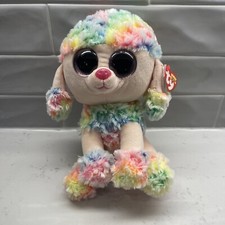 Ty Beanie Boos Rainbow Poodle Dog Plush Toy Pink Glitter Eyes Sits 9" Tall