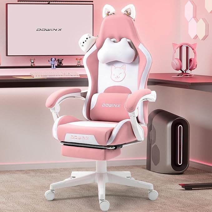 Dowinx Pink Cat Gaming Chair Massage Lumbar Recliner Ergonomic Office Chair Cute