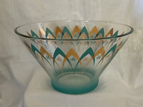 Anchor Hocking Turquoise & Gold Atomic Chip Snack Bowl •Blendo  6” MCM EUC VTG