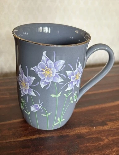 Vintage Otagiri Japan Hand Painted Purple Floral Grey Porcelain Coffee Tea Mug