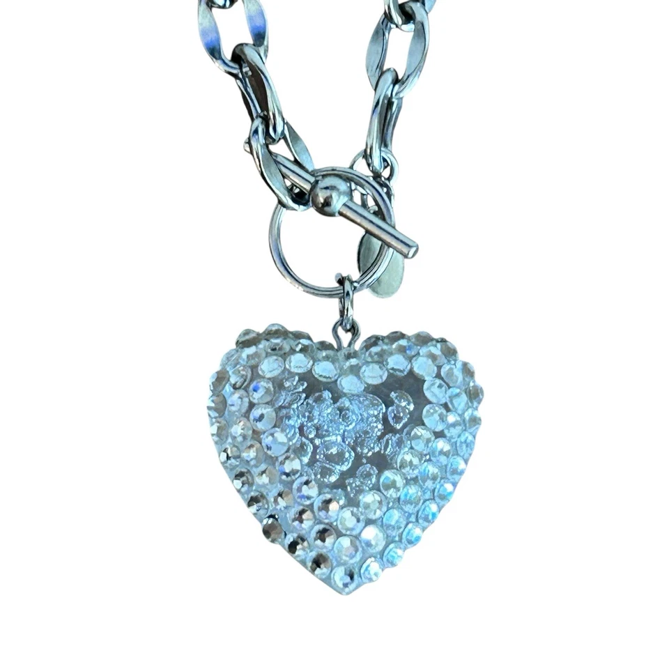Rare Tarina Tarantino Clear Lucite Heart Necklace With Silver Tone Chain Y2K - Image 4 of 4