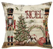 1 pc Retro Christmas Pillow Cover, Christmas Tree  Nutcracker-18in-Linen Blend