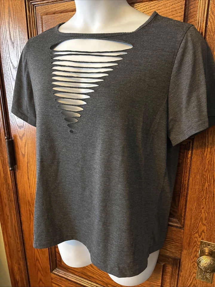 Gris Elástico Corte Cortado Bajo Escote EXCELENTE Punk Gótico Club Plus Talla 1X 1XL Foto 3 de 4