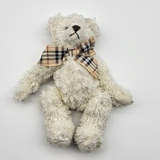 Lovely vintage white jointed teddy bear plaid scarf ribbon bowtie