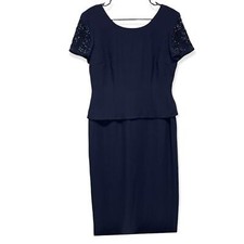 Donna Morgan Navy Blue Beaded Short Sleeve Sheath Dress Size 8