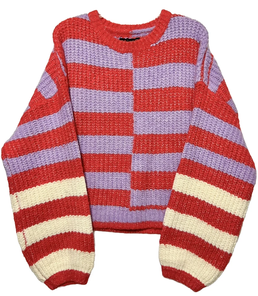 Blank NYC Good Mood Sweater Red Purple White Striped Cropped Oversized Wool NWT - Image 2 of 4