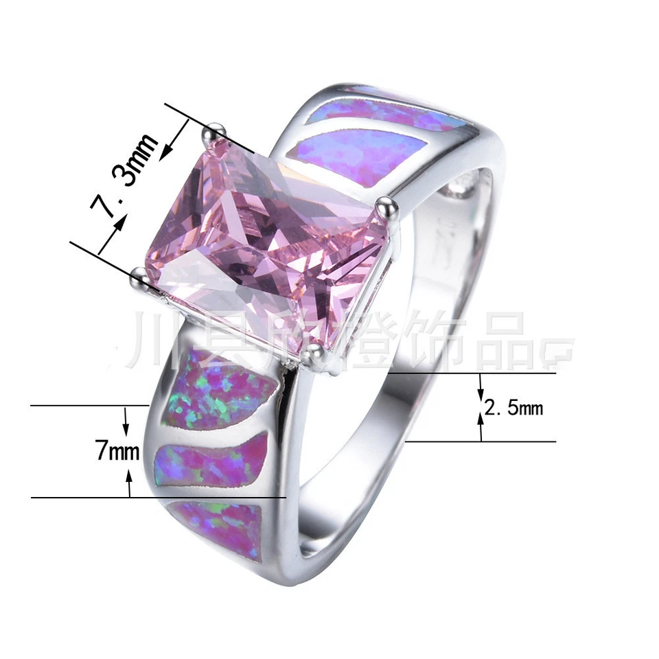 Woman Square Cut Pink Fire Opal Kunzite Gemstone Platinum Plated Ring Size 6-10 - Image 3 of 4