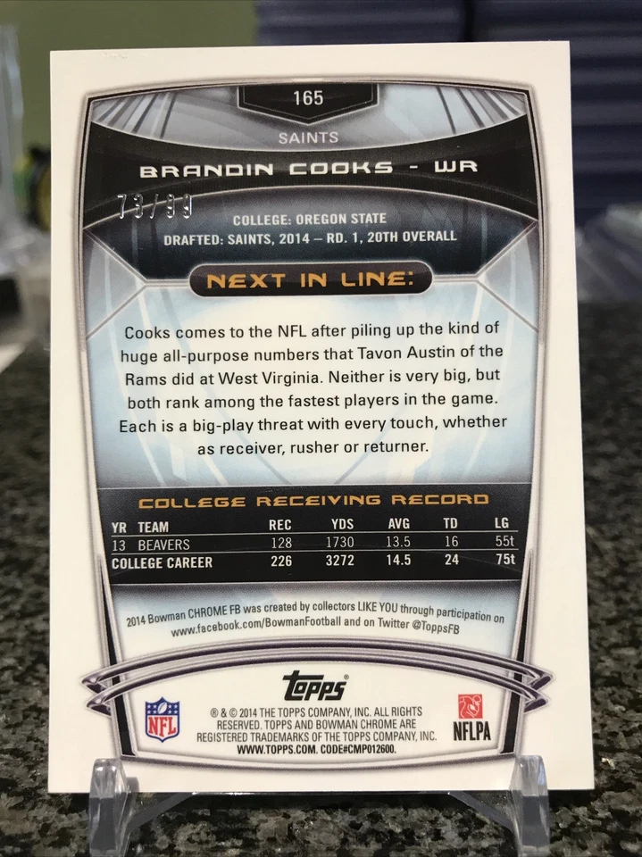 2014 年 Bowman Chrome #165 Brandin Cooks 新秀 RC 罕见气泡折射器 SSP /99!! — 第 2/2 张图片