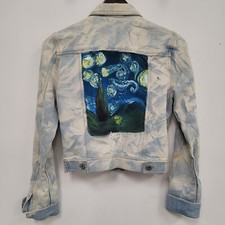 Vintage Mudd Womens Van Gogh Hand Painted Tie Dye Jean Jacket Size L Cropped