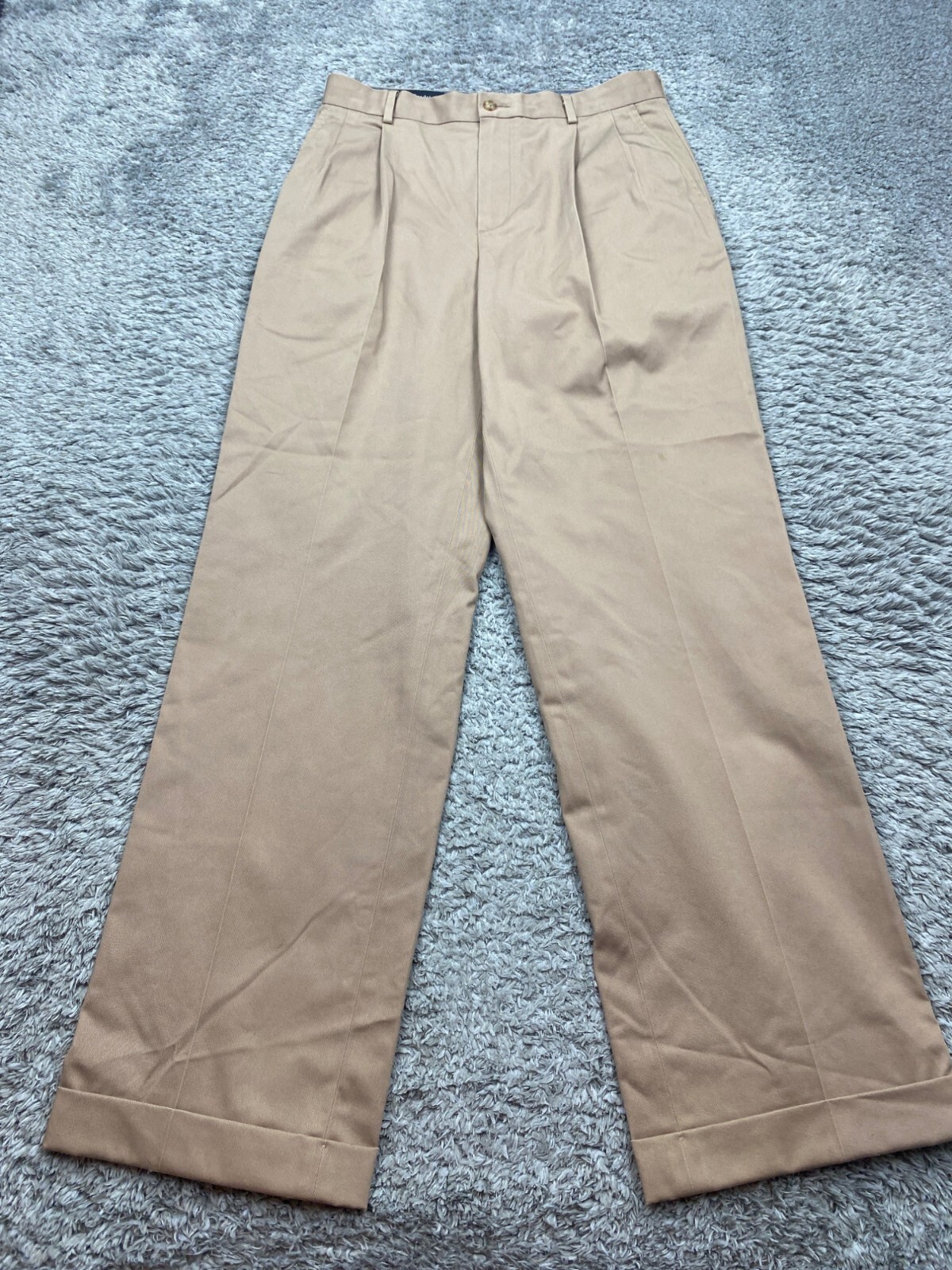 Paul Fredrick Pants Men 32x32 Beige Khaki Classic Fit Pleated Cuffed Trousers