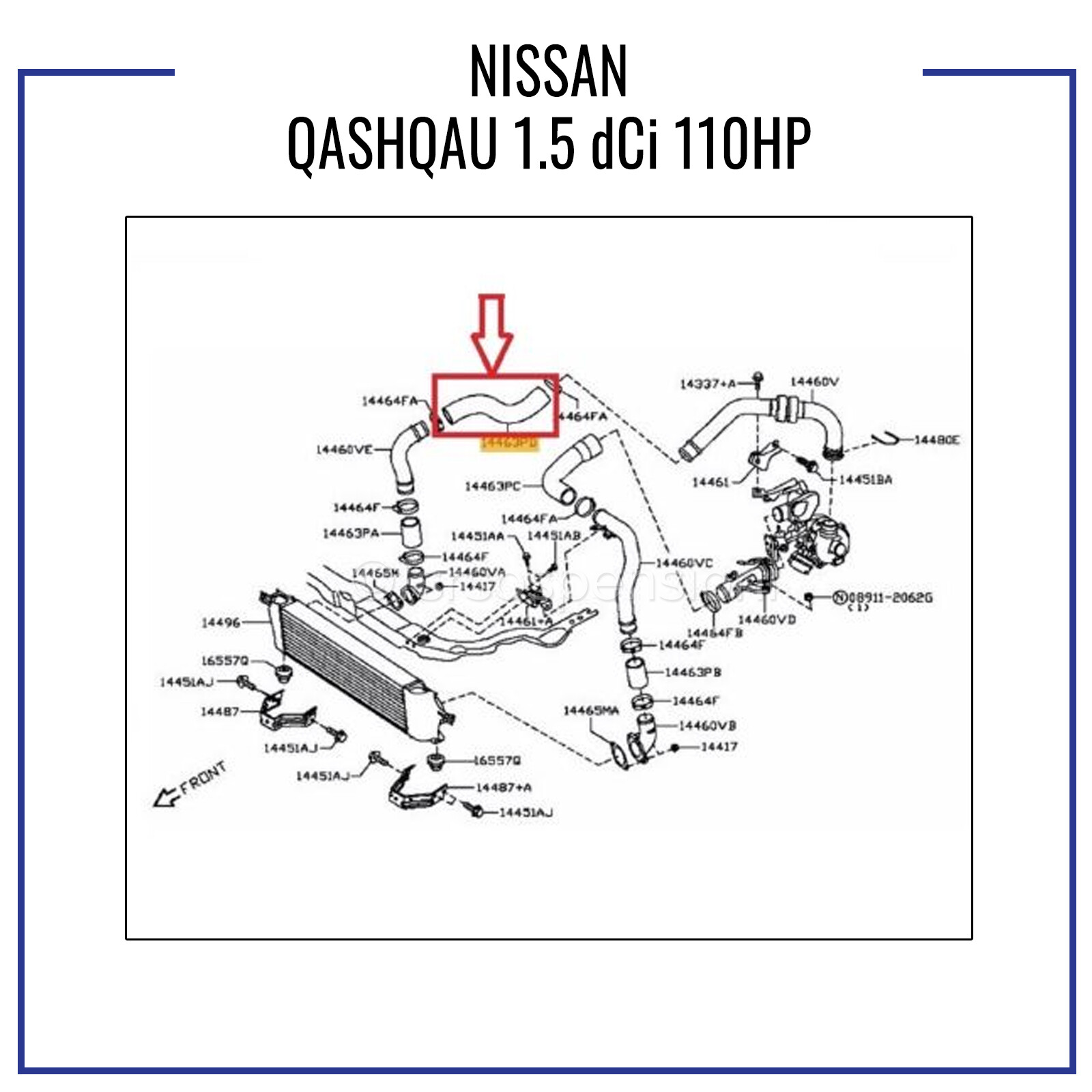 Tubo Turbo Intercooler Compatibile Per Nissan Qashqai 1.5 DCi 110CV (dal 2012) | Ricambio Con Kevlar | Rif. 14463BB30A/30B/30C