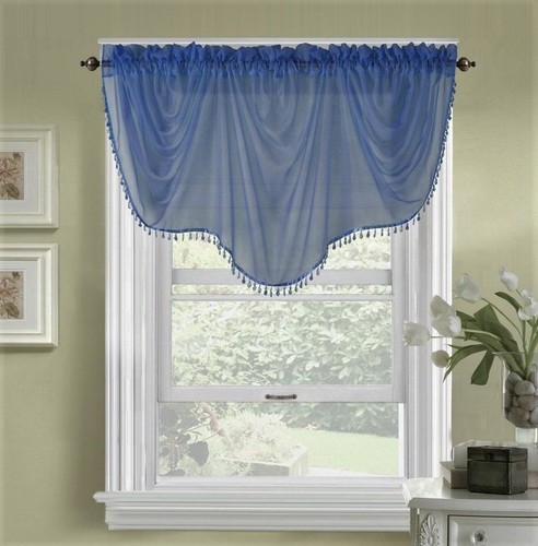 1PC BONITA SOLID COLOR SHEER WAVY VALANCE WINDOW CURTAIN W/BEAD TRIM CASCADING - Picture 8 of 94