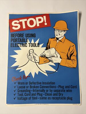 Vintage 70s PMA Corp 17x22 Stop! Electric Tools Colorful Workshop Safety Poster