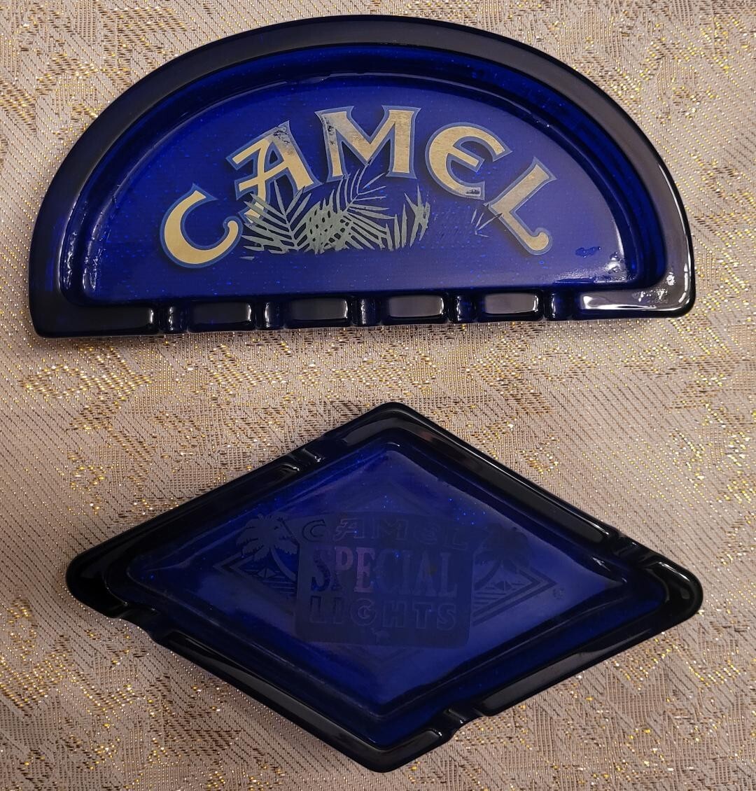 Camel Cigarettes Ashtray Vintage Cobalt 2 Blue Glass Half Moon & Special  Light