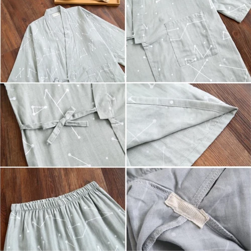 Herren Japanischer Kimono Pyjama Gaze Baumwolle Nachthemd Top + Hose Set Anzug Kits - Bild 11 von 17