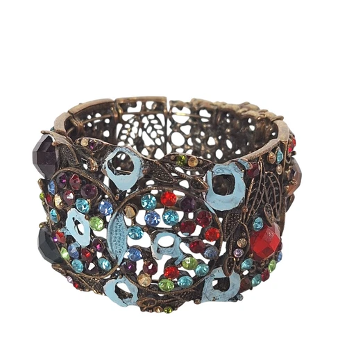 Vintage Boho Bronze Tone Filigree Jeweled Wrap Bracelet Womens Costume Jewelry