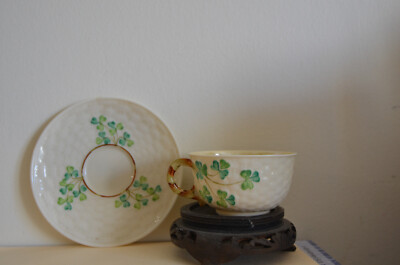  Belleek cup & saucer basketweave, shamrock, vine handle, black mark 