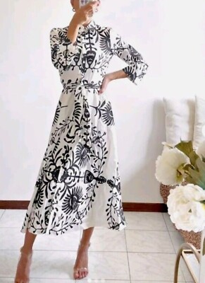 ZARA BLACK OYSTER WHITE MIDI MAXI LONG SLEEVE SHIRT DRESS SIZE S 10 38 |  eBay