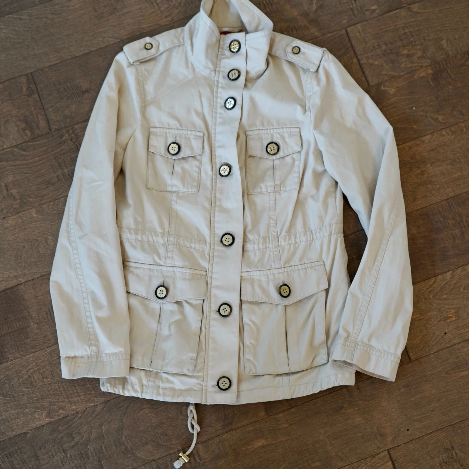 Giacca utility Tory Burch donna taglia 8 cotone lavato Sacher bottoni zip davanti beige