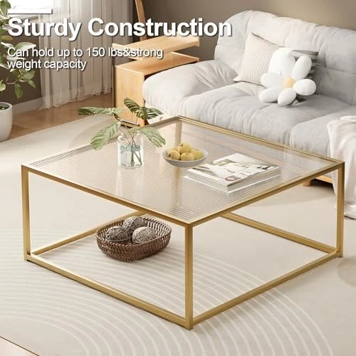 Glass Coffee Table Modern Center Table,Minimalist Coffee Rainbow Glass Gold - Image 4 of 4