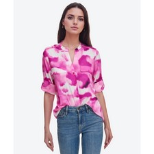 Calvin Klein Womens Blouse Roll Tab Sleeve XS Pink Abstract Boho Chic Casual