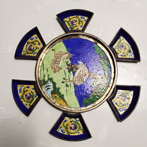 VTG Chinese Enameled Cloisonne Medallion Sweet Meat Sauce Serving Dish Set 6" - Afbeelding 5 van 19