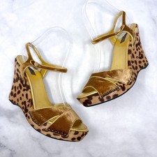 PRADA Vintage Y2K Velvet Leopard Calf Hair Leather Platform Wedge Sandal Heel 38