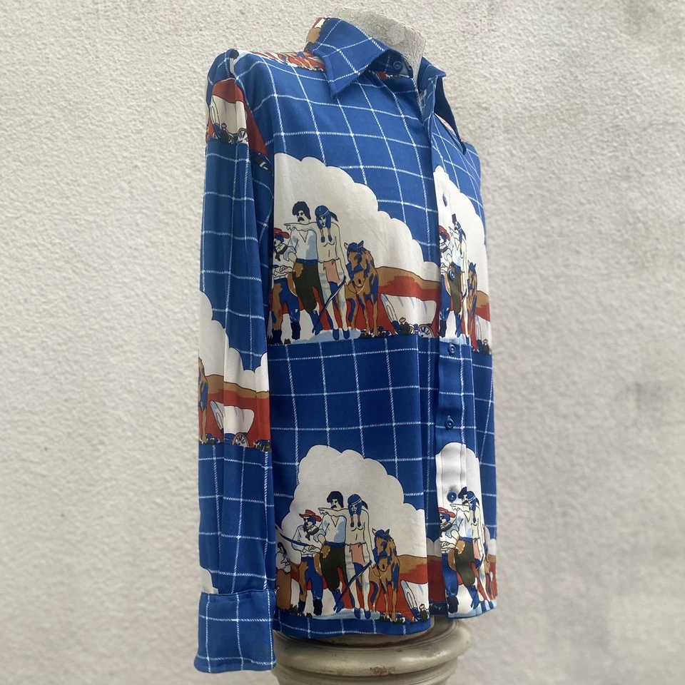 Vintage 1970s Huckapoo Men’s Blue Check Western Theme Button Up Nylon Shirt M - Image 4 of 4