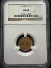 1925-D GOLD Indian Head $2.50 Quarter Eagle CERTIFIED NGC MS 62