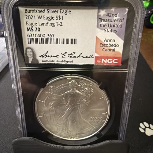 2021 W BURNISHED SILVER EAGLE NGC MS70 ANNA CABRAL SIGNED.