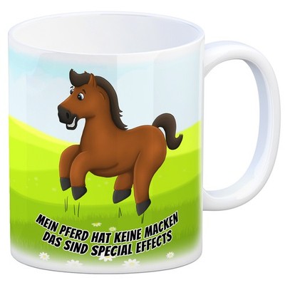 Kaffeebecher mit Pferde Motiv und Spruch: Mein Pferd hat keine Macken, das ...