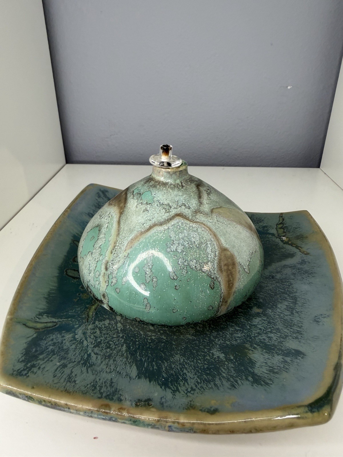 JT British Columbia Studio Pottery Oil Lamp & Under Plate Teal Crystalline Glaze