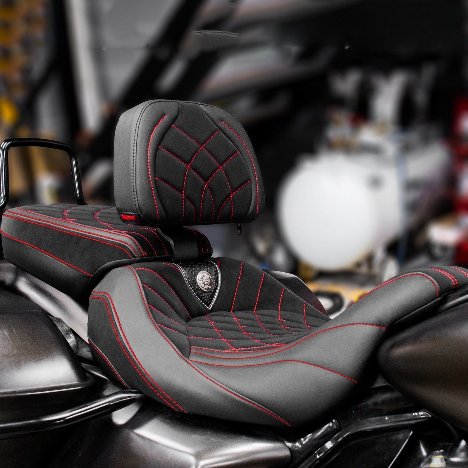 Red Stitching Passenger Driver Seat w/ Backrest For Harley Touring 2009-2024 US