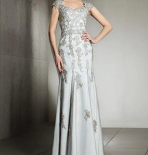 Silver Lace Satin Embellished Dress, size 12 Regular color Silver Gray