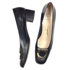 Salvatore Ferragamo Black Leather Women Shoes 9 3A Block Heel Pump Fele Gancio