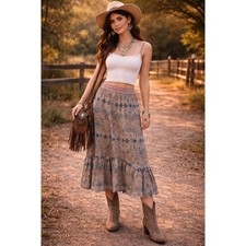 Boho Cottagecore Prairie Festival Western Pink Blue Hi Lo Hem Midi M Skirt