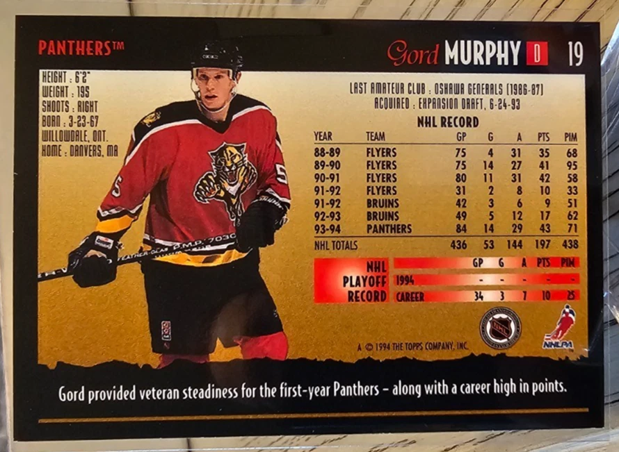 1994-95 Topps Premier Gord Murphy #19 Florida Panthers - Image 2 of 2