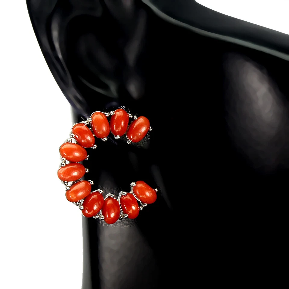 Pendientes de plata de ley 925 ovalados coral Italia piedras preciosas naturales joyería Foto 2 de 4