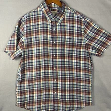 LL Bean Men’s Linen Button Up Shirt Large Plaid Short Sleeve Hiking Camping