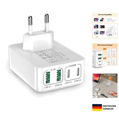 USBC Ladegerät, 40 W 4-Port Multiple PD 3.0 Flat Charger, Platzsparender Stro...