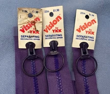 Three 22 Inch YKK VISLON Medium Weight Molded Plastic Separating Zipper Purple