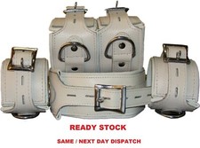 Real White Leather Bondage Restraints Set  Heavy Duty Padded Lockable 5 piece