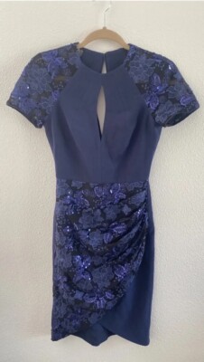 Dress the Population Navy Sequin Lace Floral Crepe Dress Small Keyhole Ruched