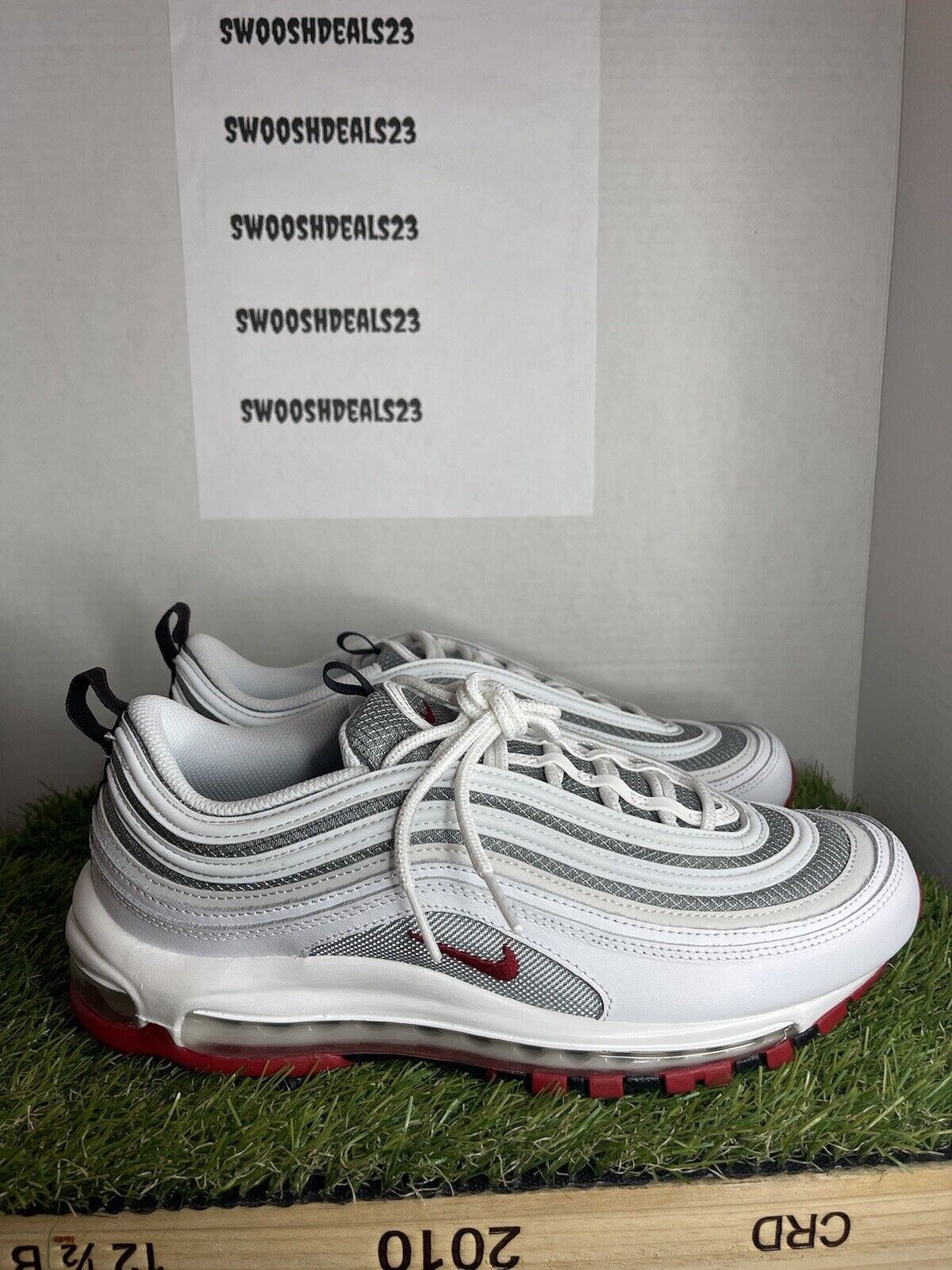 Nike Air Max 97 'White Bullet' Silver Red Shoes Men's Size 9.5 DM0027 100