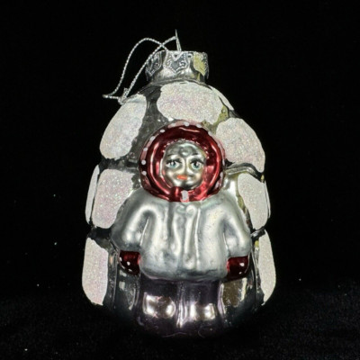 Glass Christmas Ornament INUIT ESKIMO IGLOO Silver White Red 4''