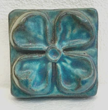 Pewabic Pottery Detroit Tile 1993 Turquoise Glaze 3D Flower 3.5" x 3.5"