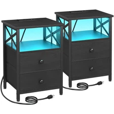 Night Stand Set 2, LED Nightstand with Charging Station, End Tables Living Ro...